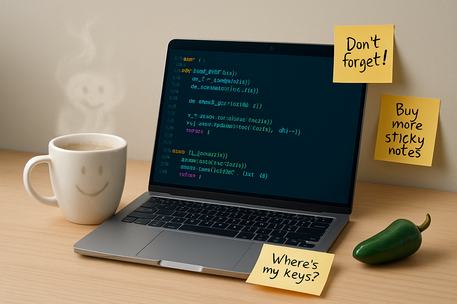 Modern office desk with laptop showing AI code, coffee cup, sticky notes, and a jalapeno pepper, symbolizing AI helping in business with a humorous touch.
