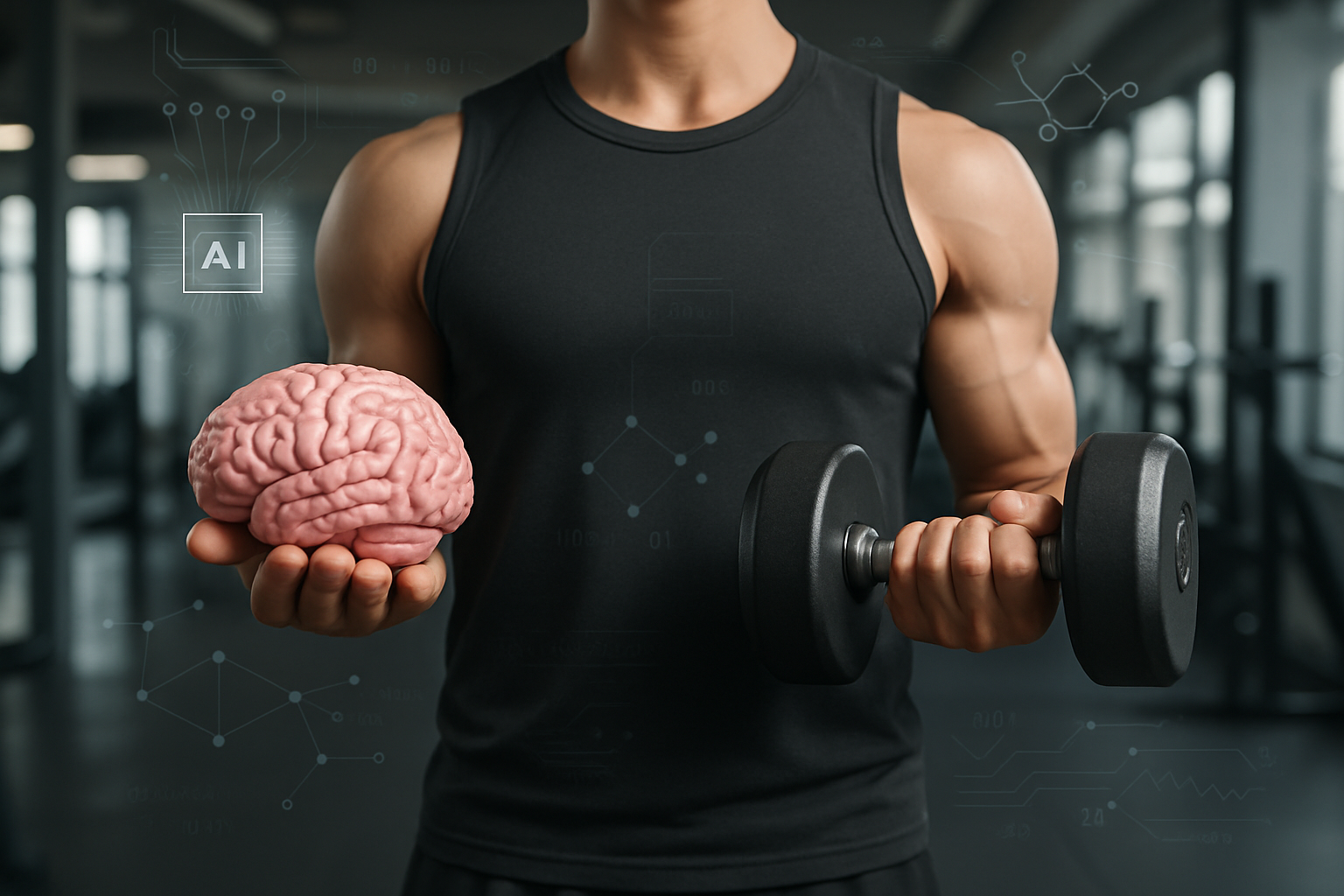 Muscular person holding a brain model and a dumbbell in a modern gym, symbolizing the link between physical strength and cognitive enhancement.