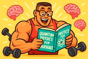 Muscular bodybuilder with glasses reading a thick book on quantum physics, looking surprised and happy, surrounded by gym equipment and brain icons.