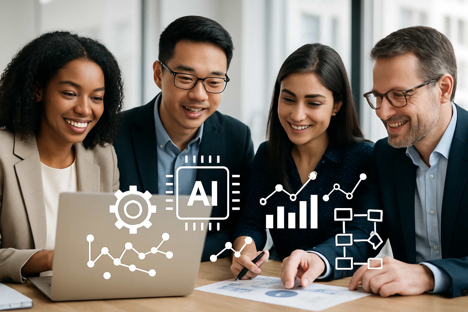 Business professionals collaborating with AI technology overlays in a modern office setting