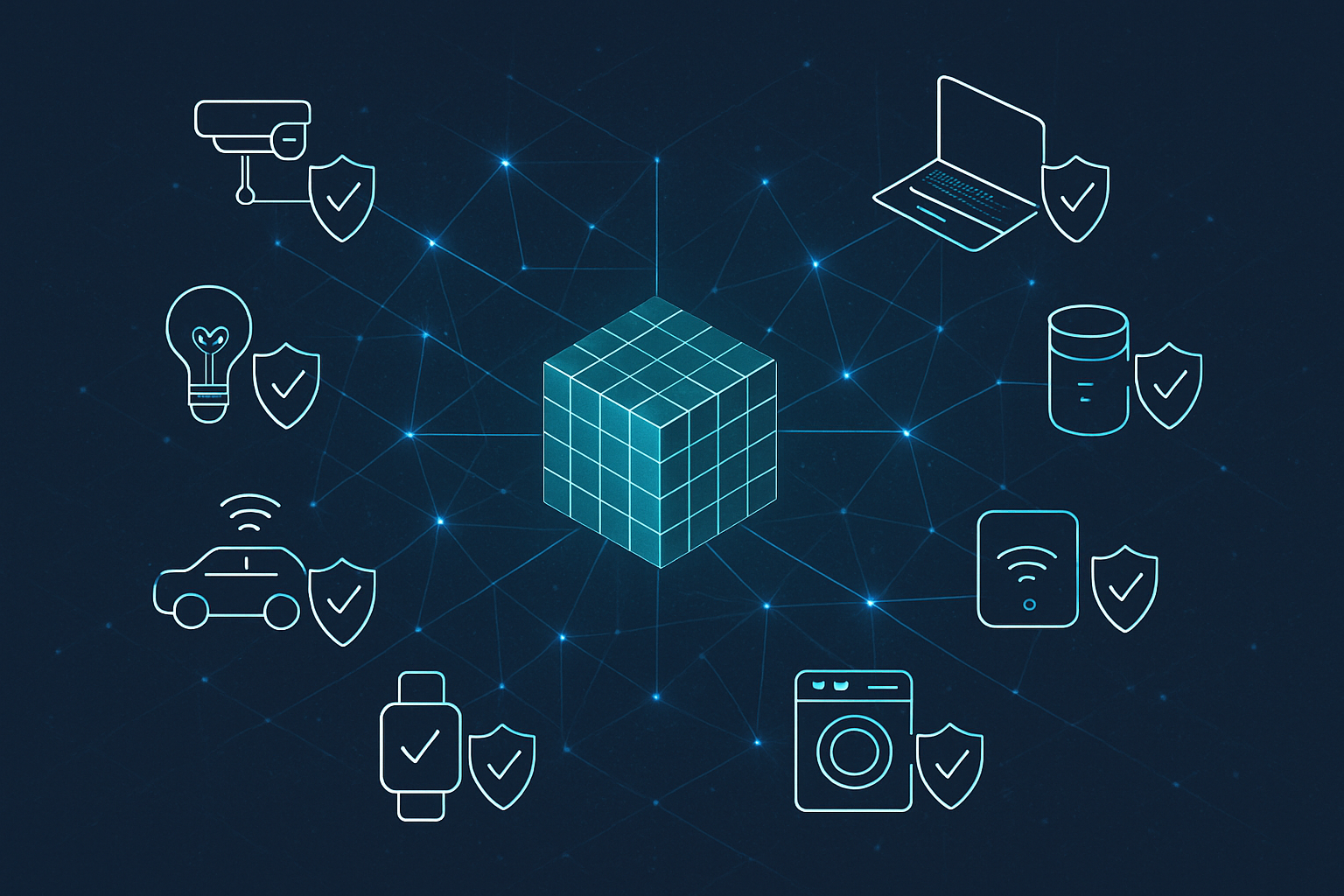 Futuristic network of IoT devices connected and authenticated via blockchain technology with glowing nodes.