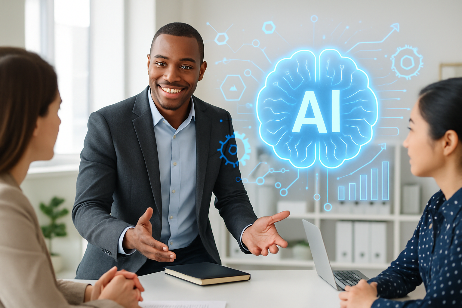 Business consultant collaborating with team with AI digital graphics overlay in a modern office