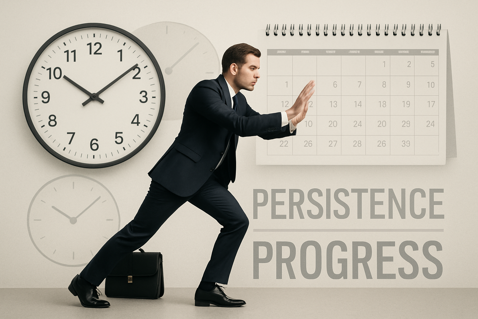 Professional determinedly moving forward with clocks and calendars in the background symbolizing time management and persistence.