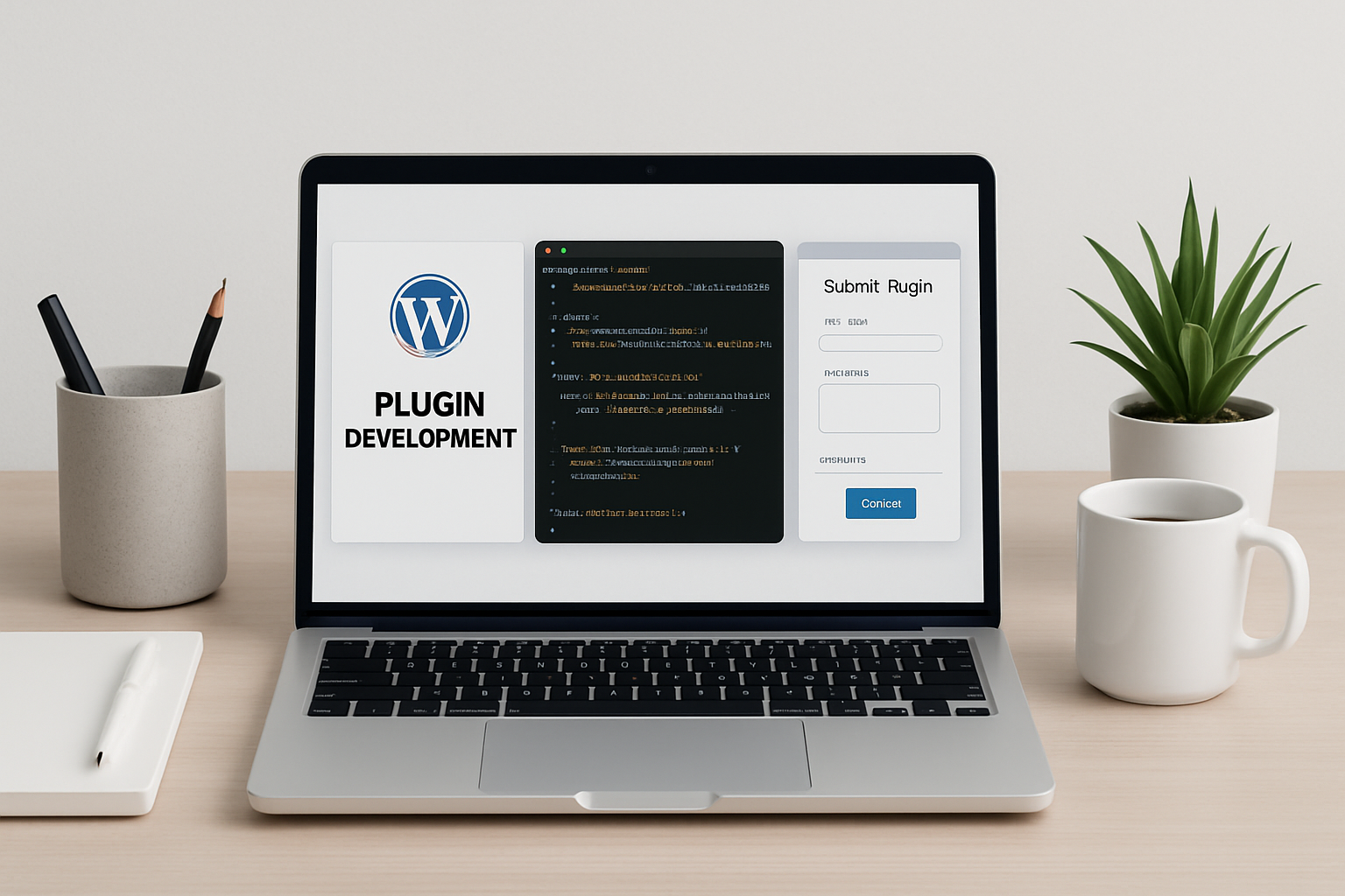 Professional workspace with laptop showing WordPress plugin development and submission process