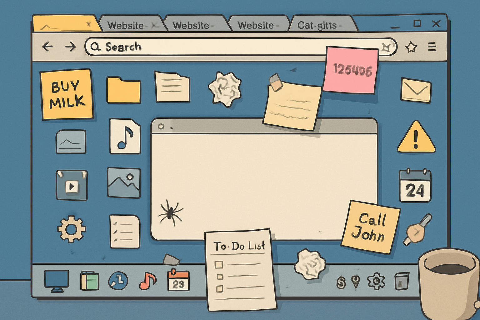 A cluttered computer desktop showing multiple open browser tabs, symbolizing tab hoarding.