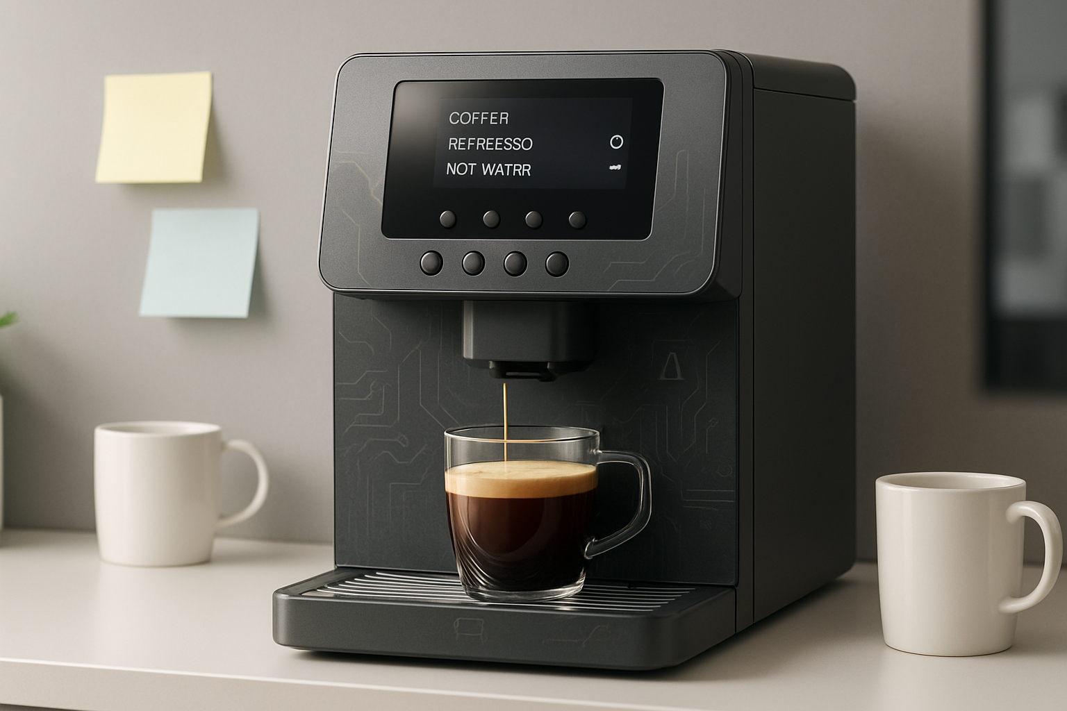 Modern office coffee machine with subtle detailed reflections and coffee cups around