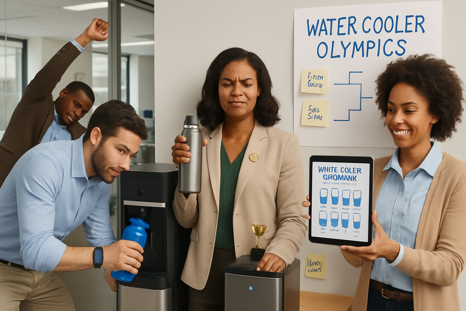Office coworkers in a modern break room playfully competing in a hydration challenge around a water cooler with reusable bottles and a digital leaderboard.