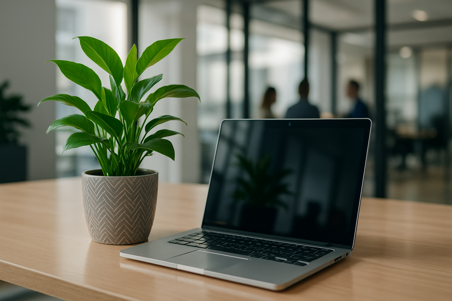Green office plant on a desk beside a laptop during a meeting in a modern office setting.