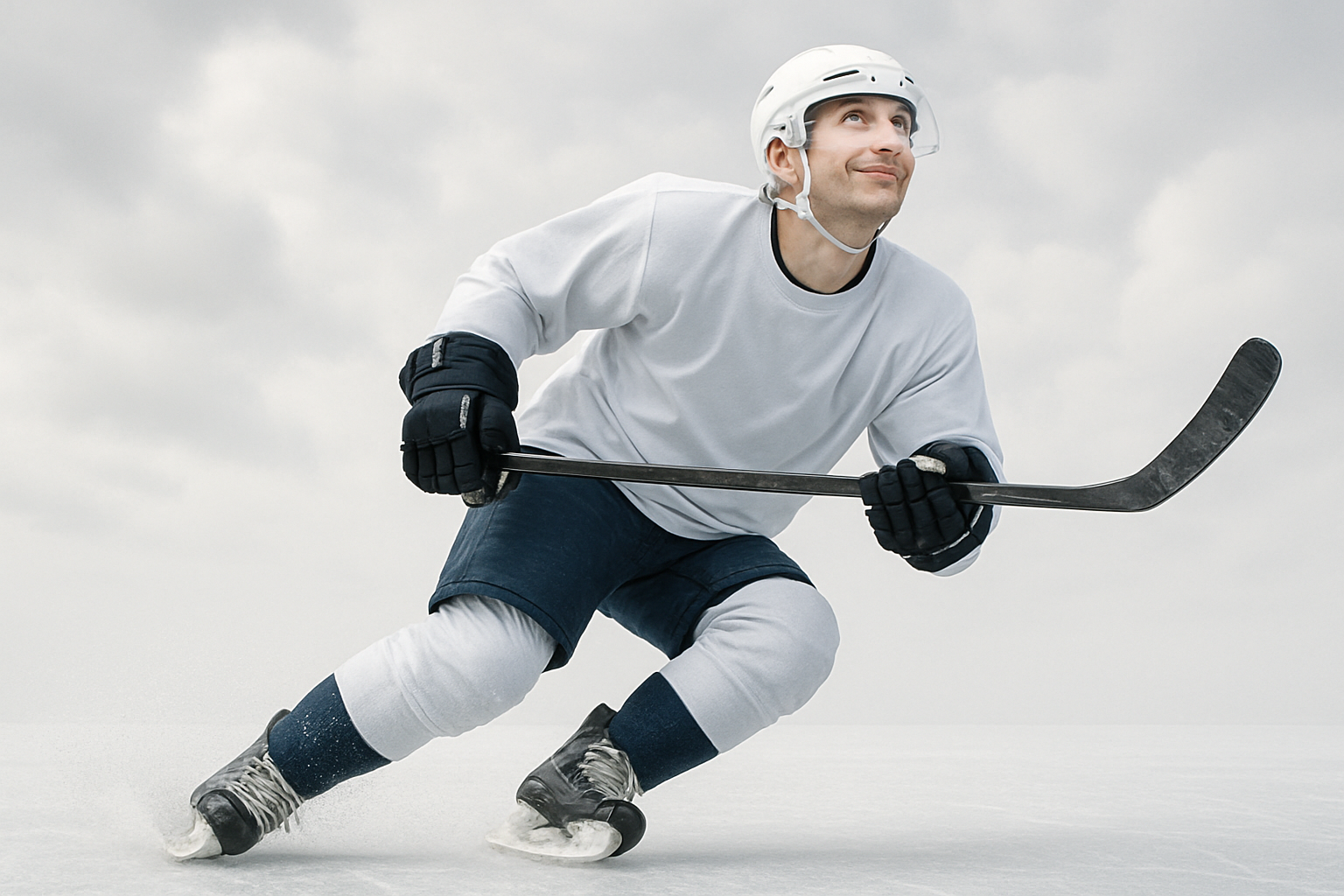 Professional hockey player skating fast on ice with a subtle smile, looking up at the sky